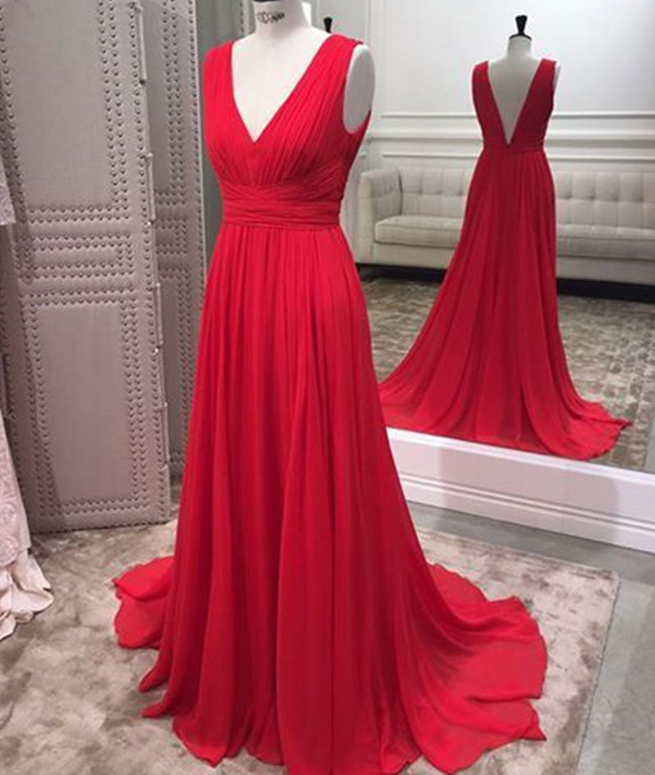 Unthony - Simple Red V Neck and V Back Chiffon Long Prom Dress