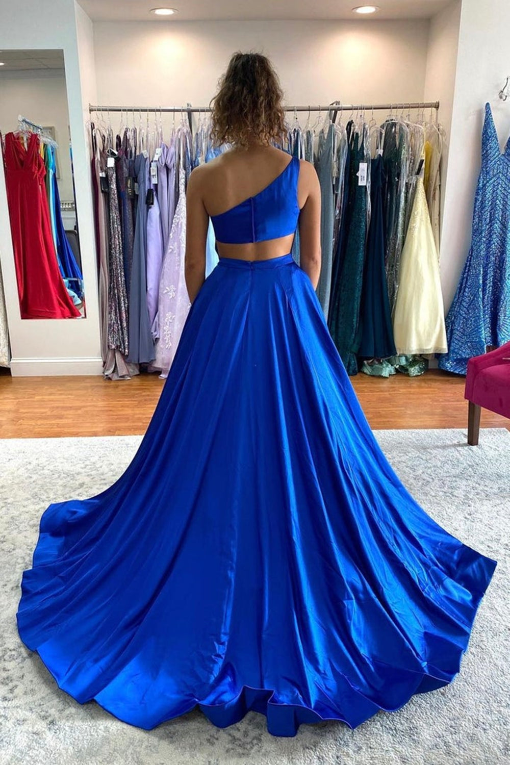 Unthony - One Shoulder High Low Blue Satin Long Prom Dress