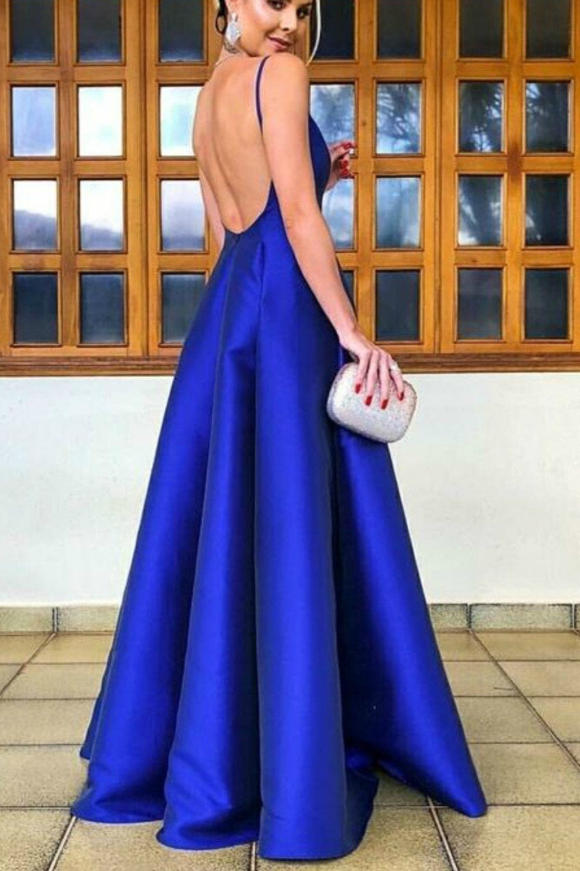 Unthony - Simple A Line V Neck Backless Royal Blue Satin Long Prom Dress