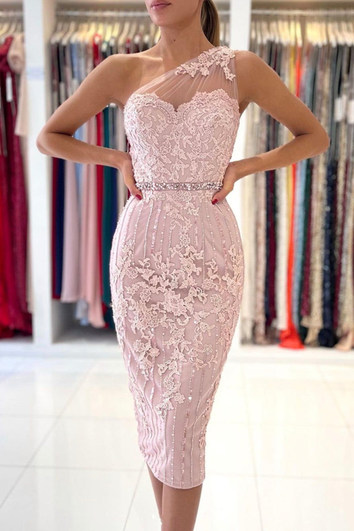 Unthony - One Shoulder Mermaid Pink Lace Prom Dress
