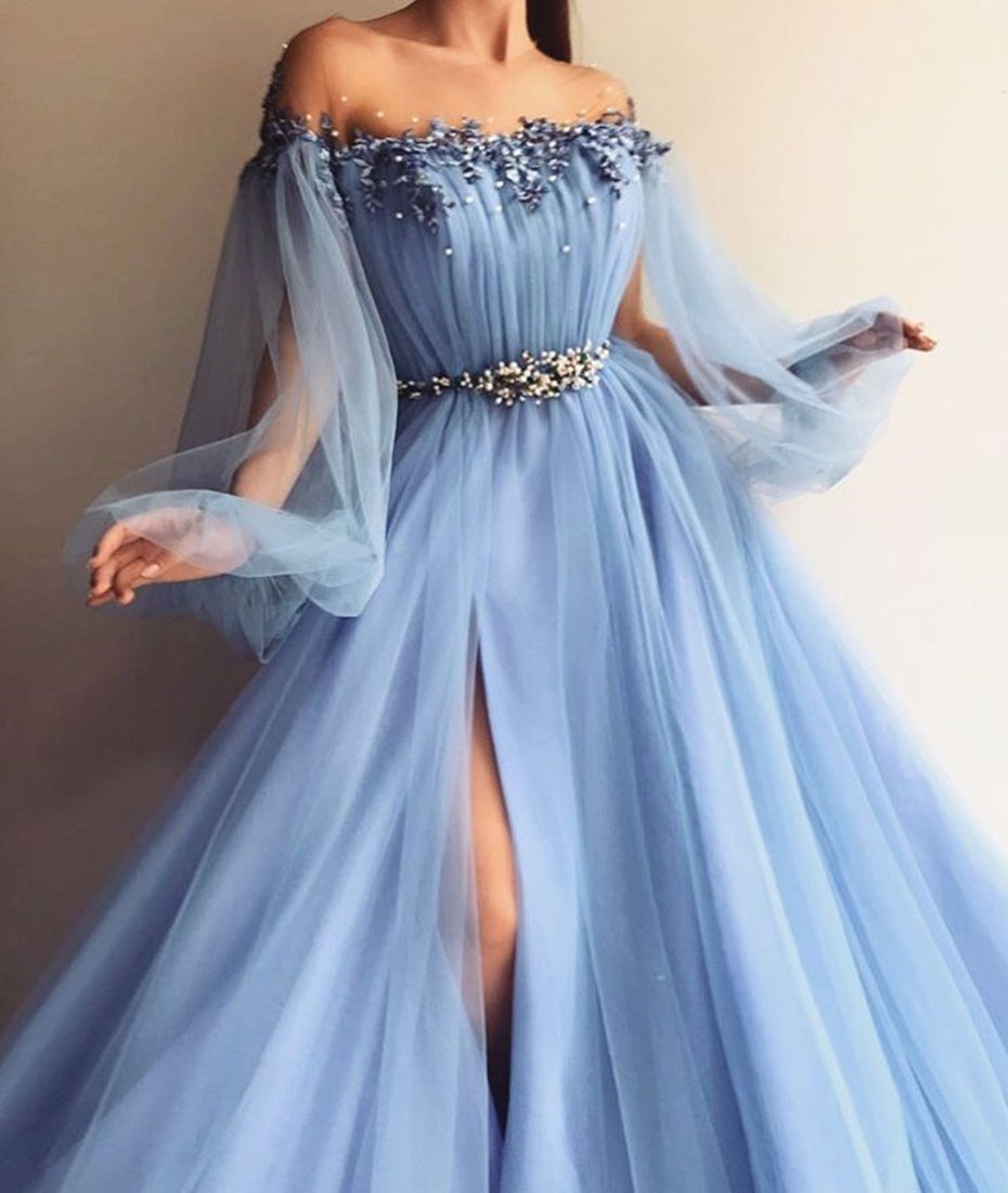Unthony - Custom Made Long Sleeves Baby Blue Tulle Long Prom Dress with Slit