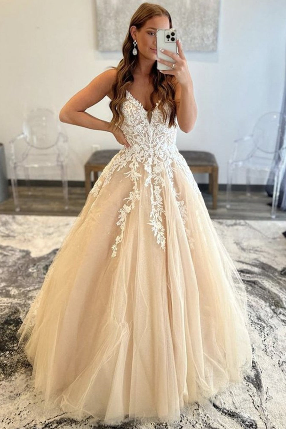 Unthony - V Neck Open Back Champagne Lace Long Prom Dress