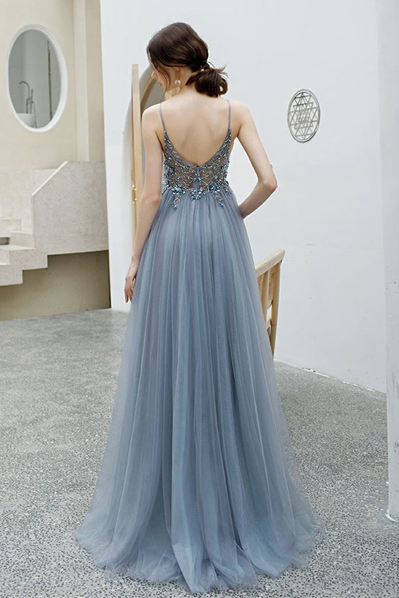 Unthony - Elegant V Neck Backless Grey Long Beaded Prom Dress with Slit