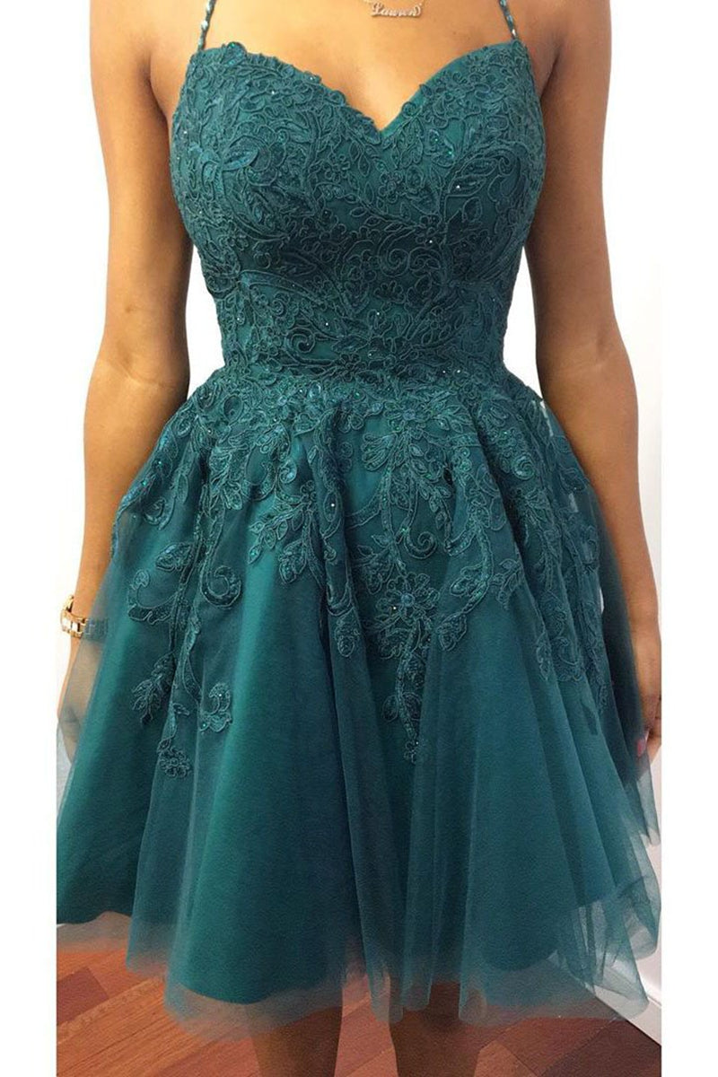 Unthony - A Line Halter Neck Backless Green Lace Short Prom Dress Homecoming Dress