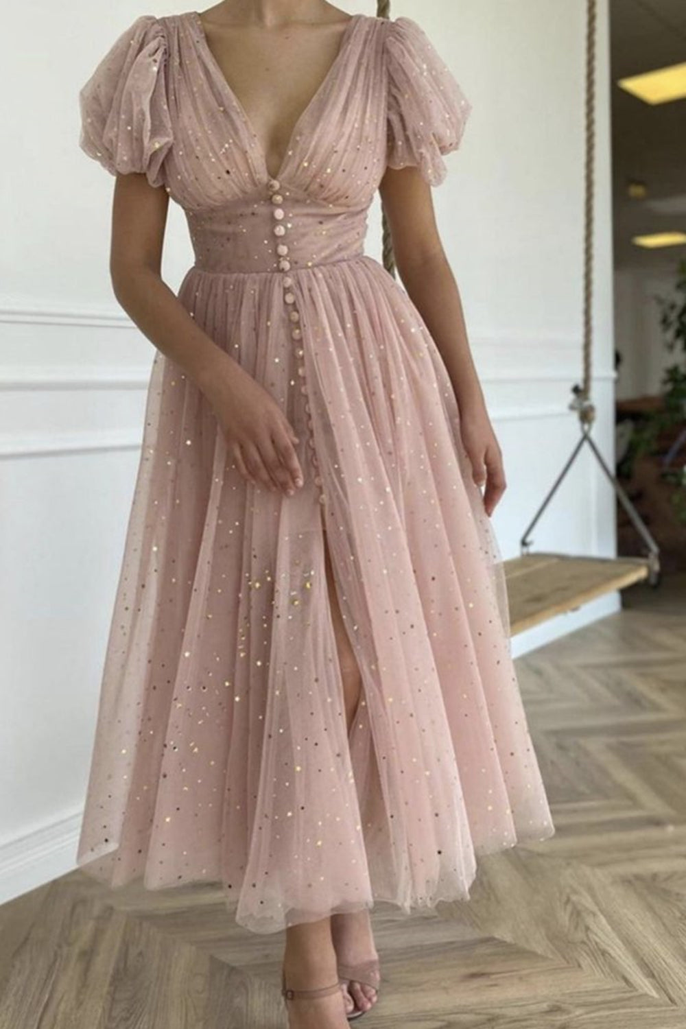 Unthony - Shiny Sequins V Neck Pink Tea Length Prom Dress