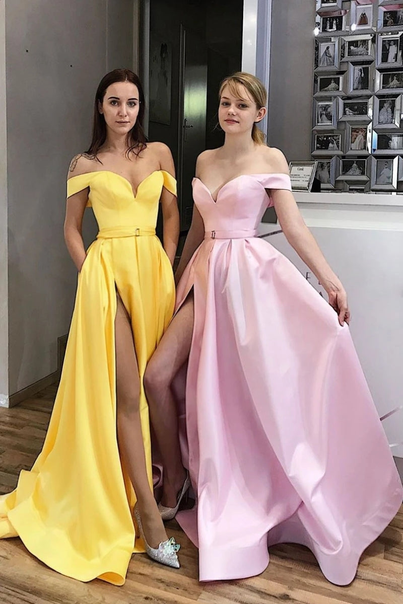 Unthony - Simple Off Shoulder Satin Long Yellow Pink Prom Dress with High Slit