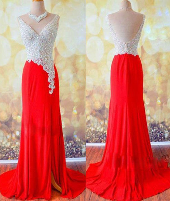 Unthony - Custom Made A Line V Neck Backless Sequins Red Prom Dresses