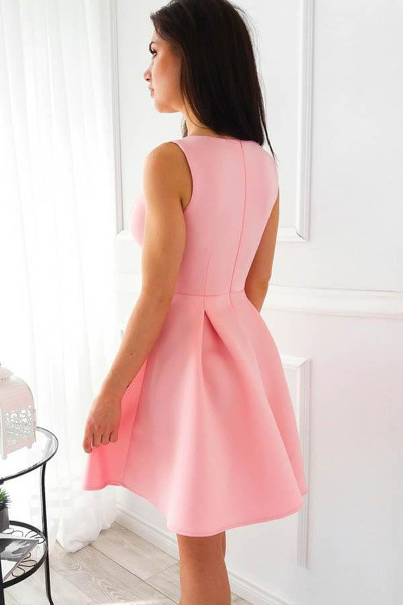 Unthony - Pretty V Neck Pink Satin Short Prom Dress