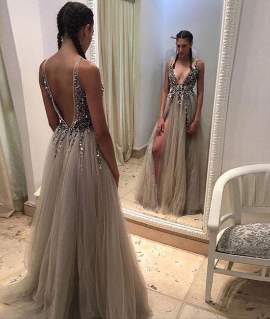 Unthony - Sexy Deep V-Neck Backless Sequin Grey Long Prom Dresses