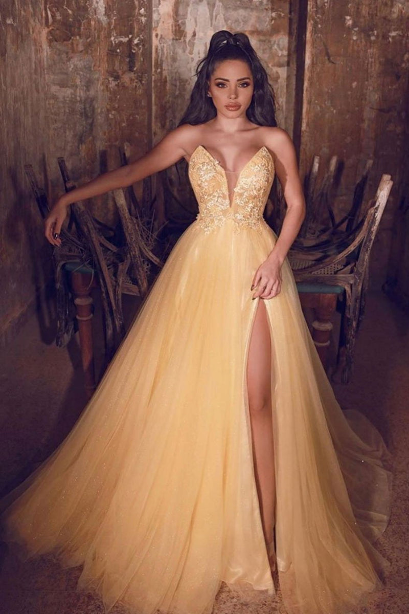Unthony - A Line V Neck Yellow Lace Long Prom Dress with High Slit