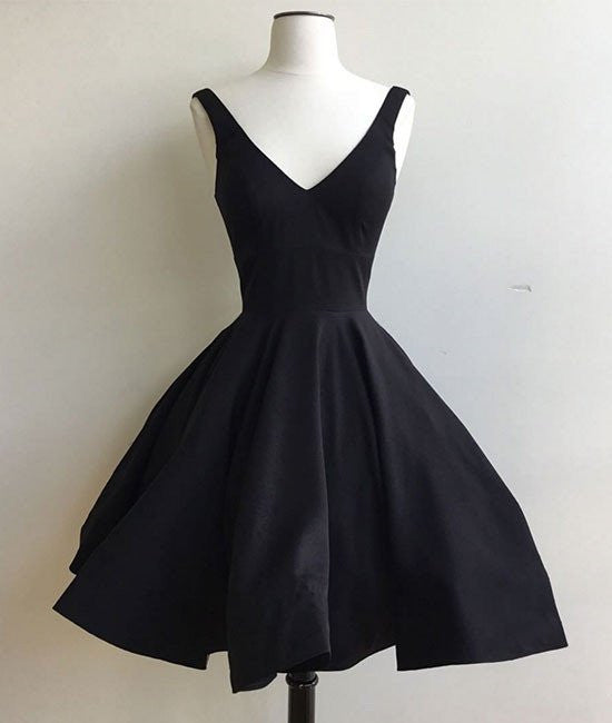 Unthony - Simple Cute V Neck Short Black Prom Dresses