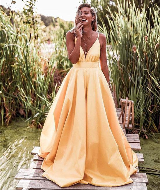 Unthony - Yellow A Line V Neck Satin Long Prom Dress