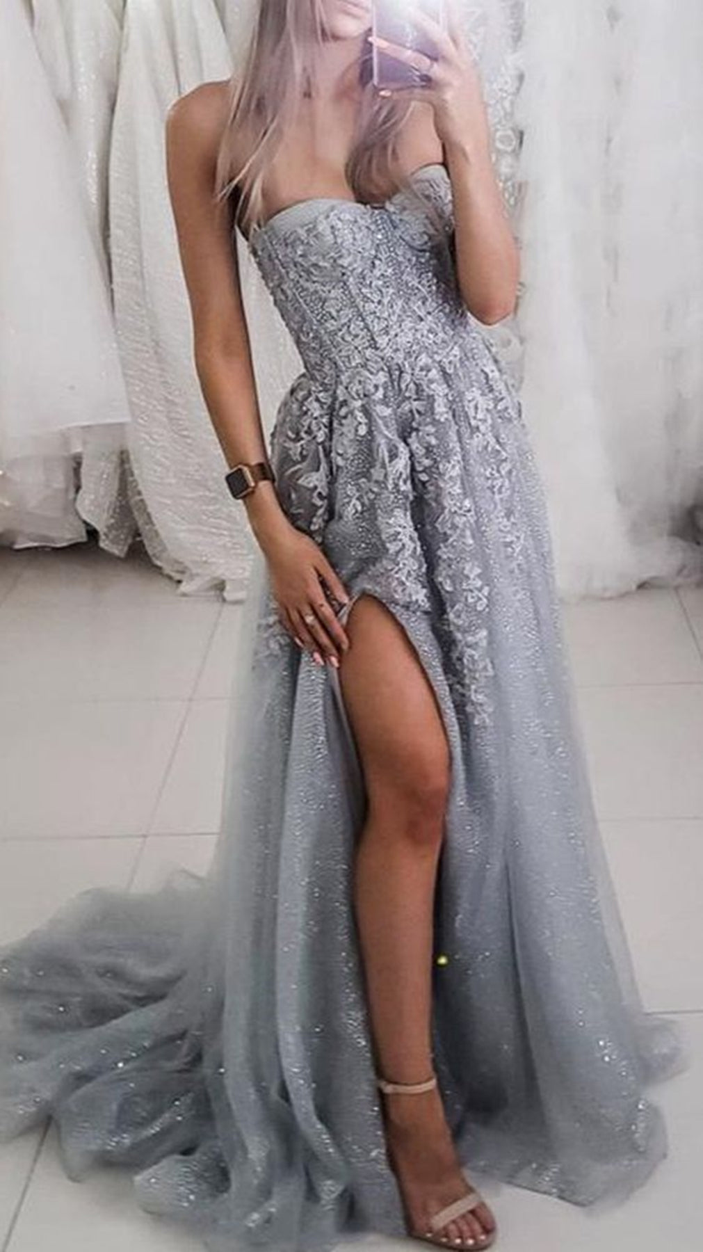 Unthony - Strapless Gray Tulle Lace Long A Line Prom Dresses with High Slit