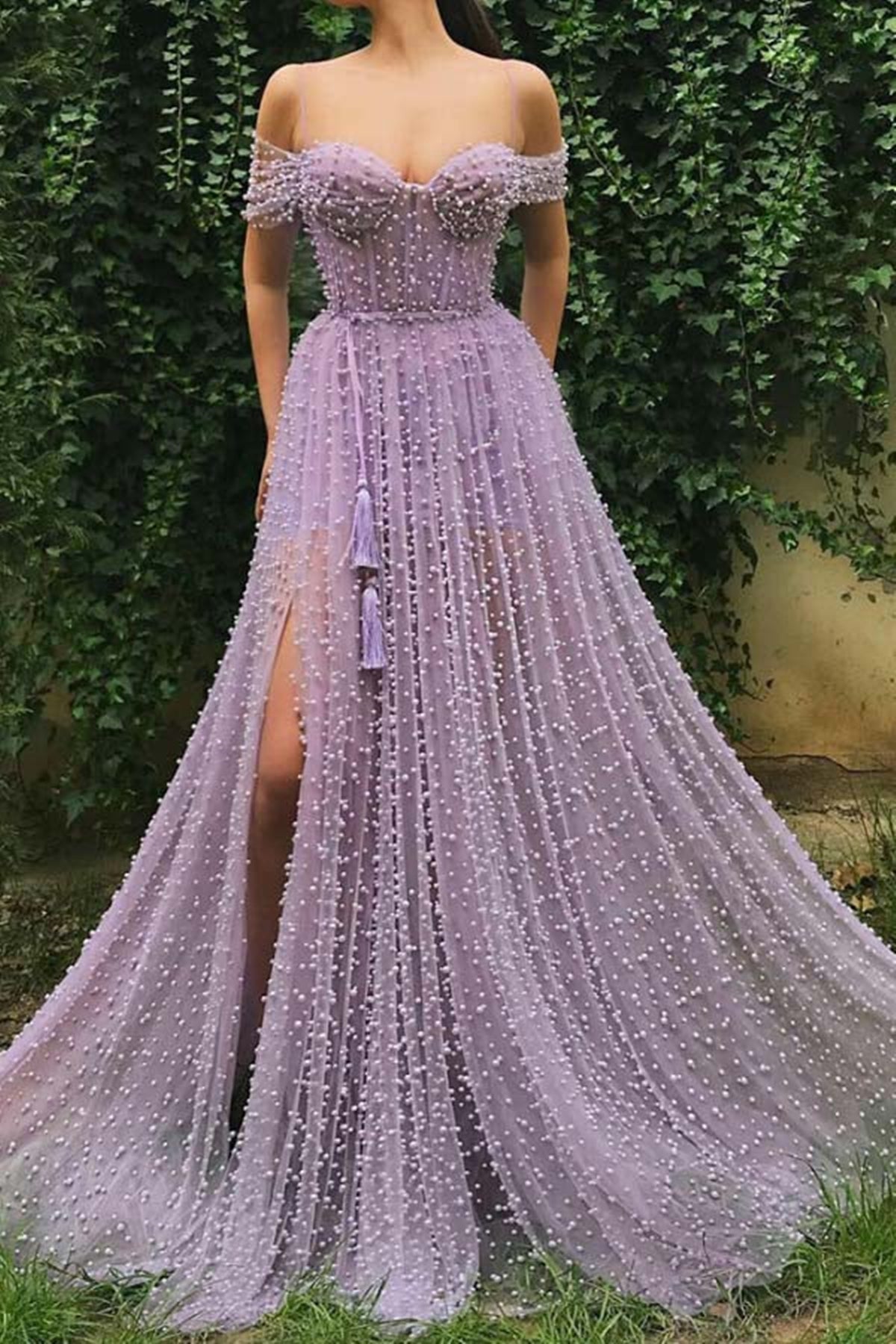 Unthony - Off Shoulder Beaded Purple Long Prom Dress with High Slit