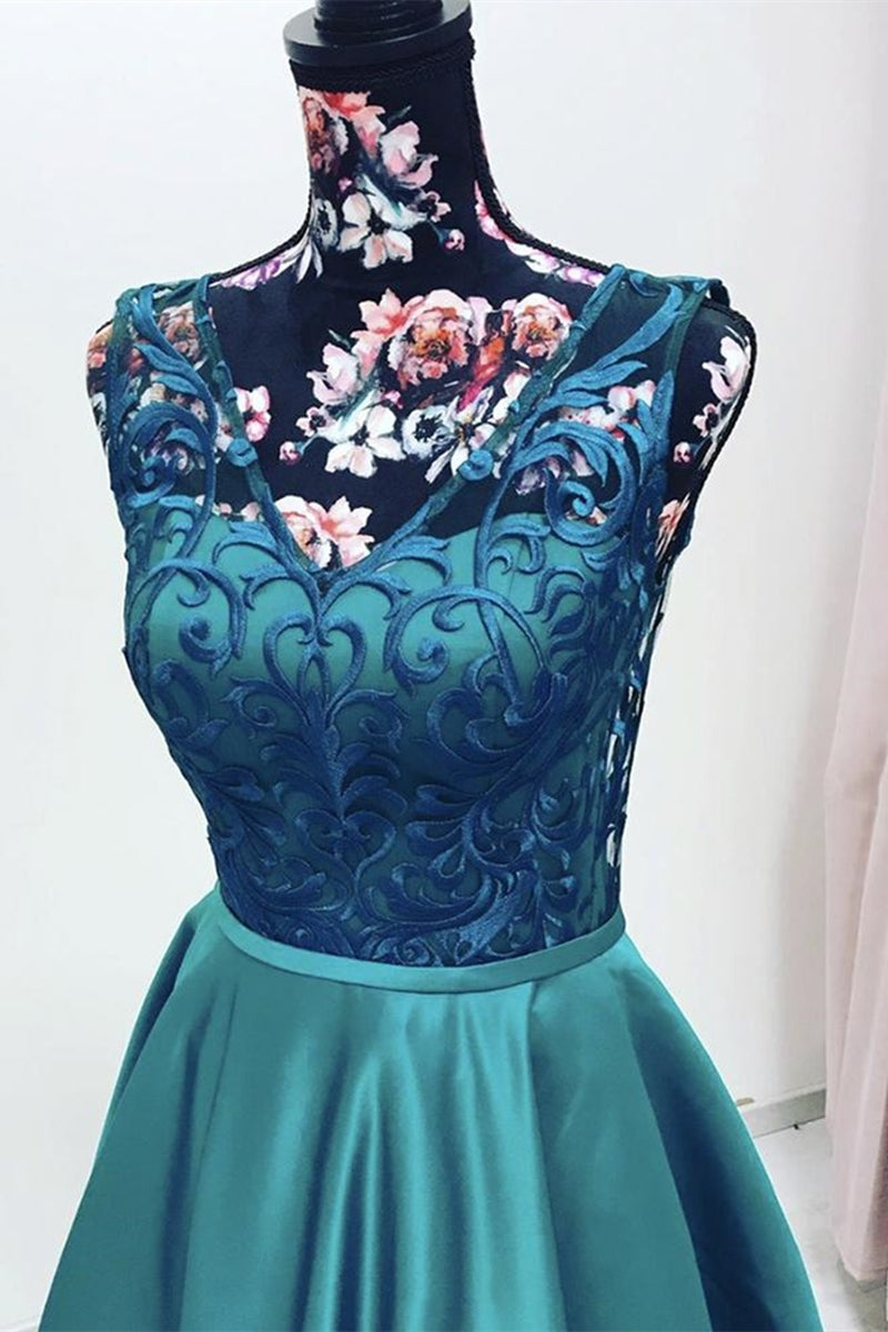 Unthony - Elegant V Neck Green Lace Long Prom Dress