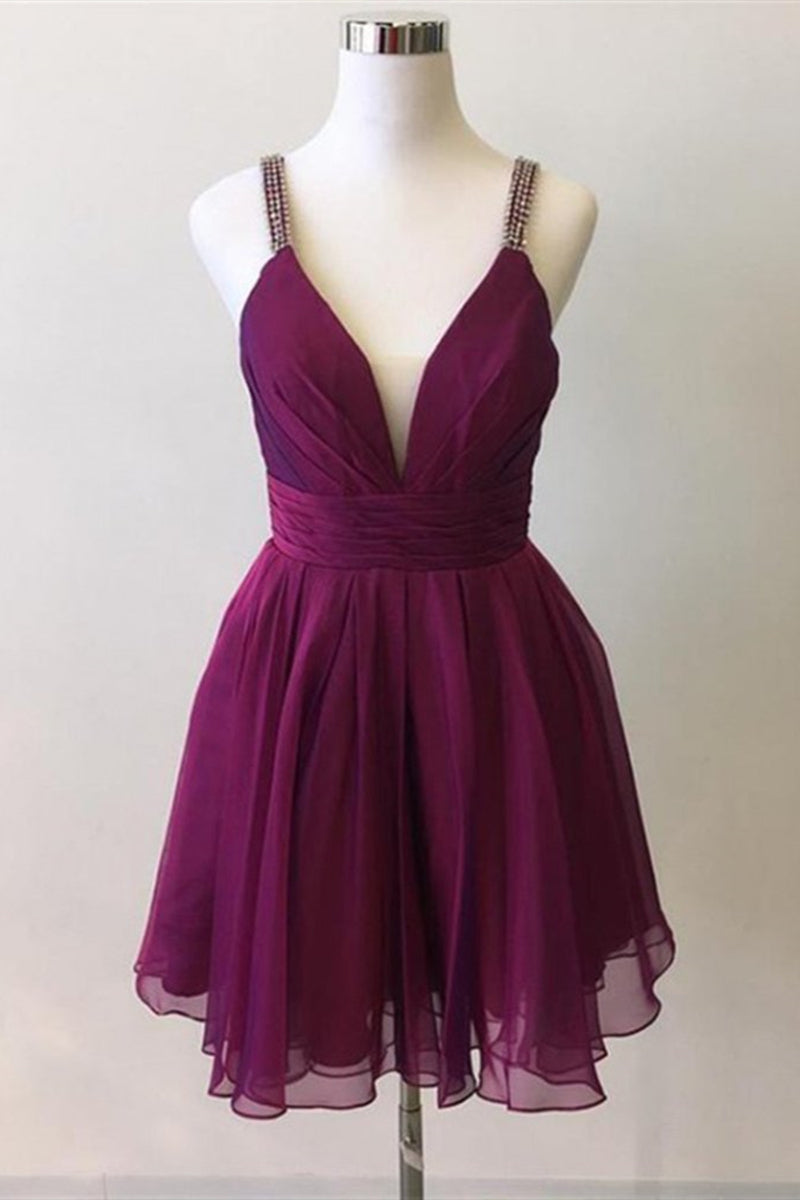 Unthony - Cute V Neck Purple Chiffon Short Prom Dresses Homecoming Dresses