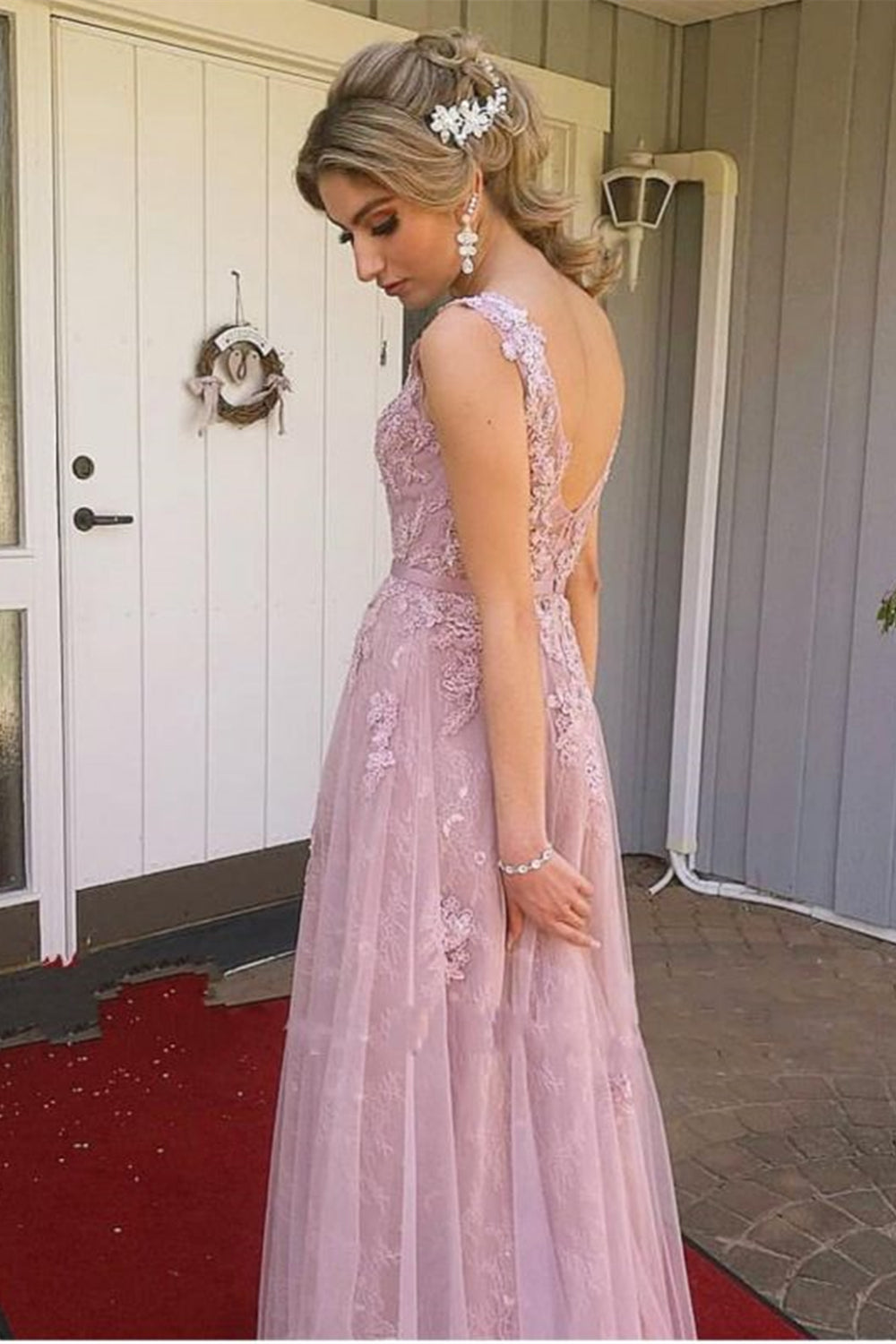 Unthony - A Line V Neck Open Back Pink Lace Long Prom Dress