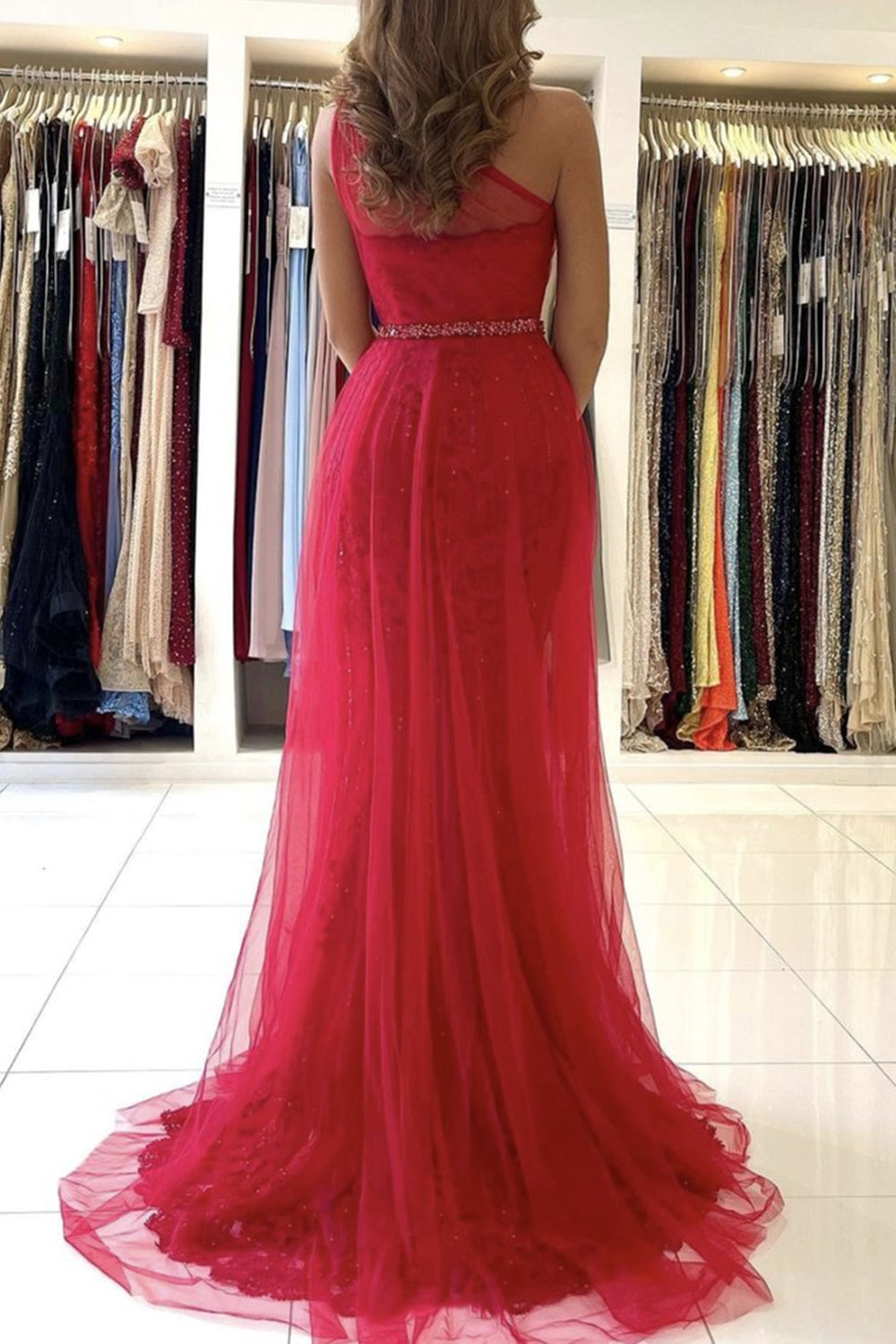 Unthony - One Shoulder Mermaid Red Lace Long Prom Dress
