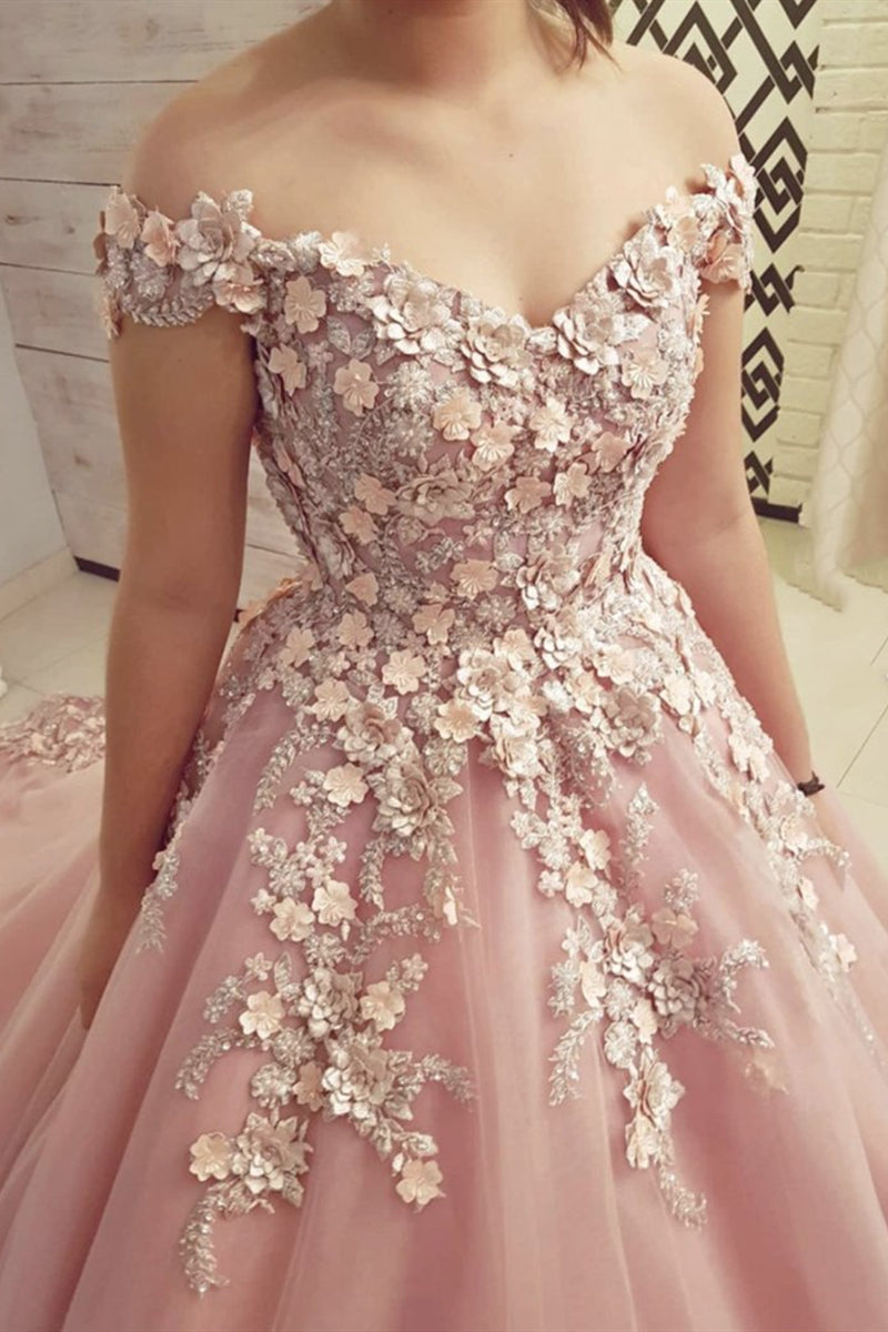 Unthony - Off Shoulder Pink Lace Floral Long Prom Dresses