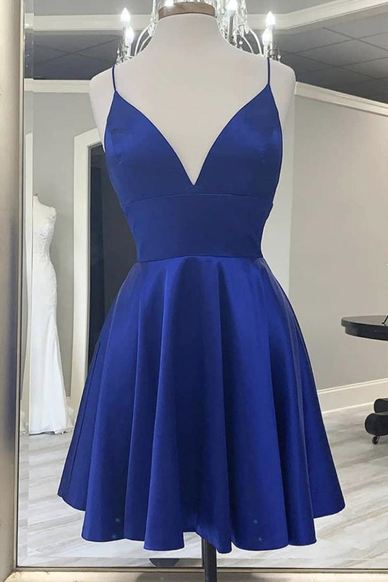 Unthony - Cute V Neck Backless Short Royal Blue Prom Dress with Straps