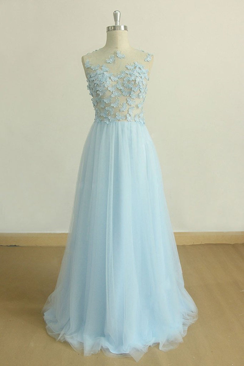 Unthony - A Line Round Neck Baby Blue Lace Long Prom Dress with Butterfly