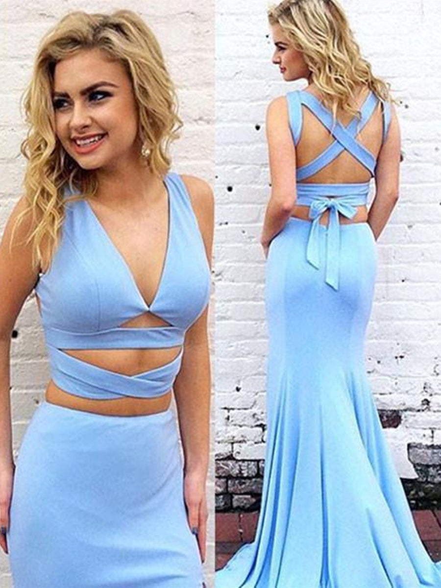 Unthony - Two Pieces V Neck Mermaid Cross Back Blue Long Prom Dresses with Sweep Train