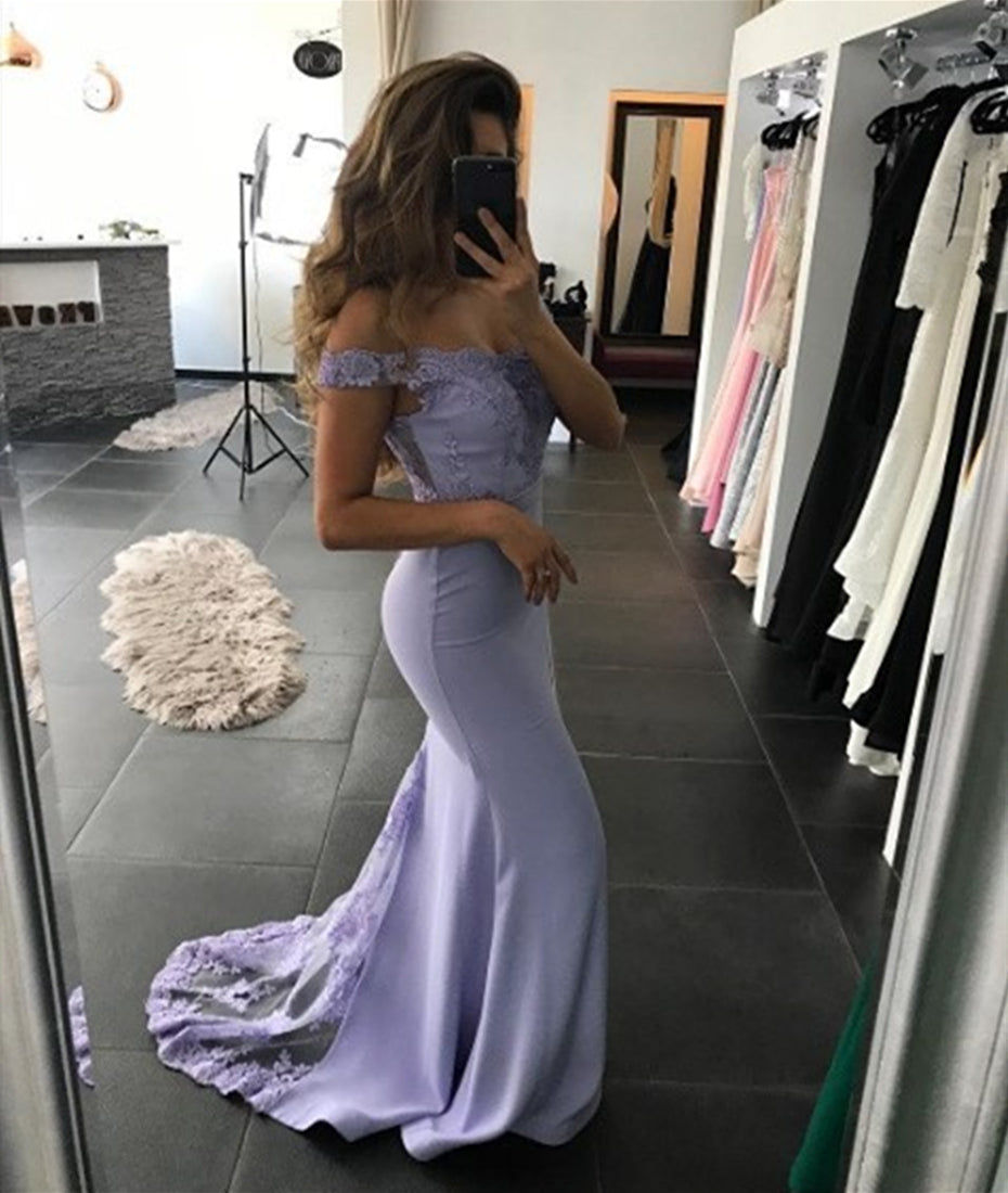 Unthony - Off Shoulder Mermaid Lavender Lace Prom Dresses