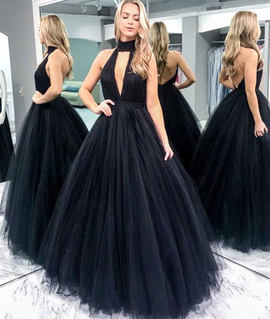 Unthony - Black V Neck Backless Tulle Long Prom Dress