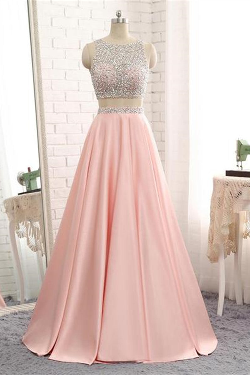 Unthony - A Line Round Neck Two Pieces Beaded Pink Prom Dresses