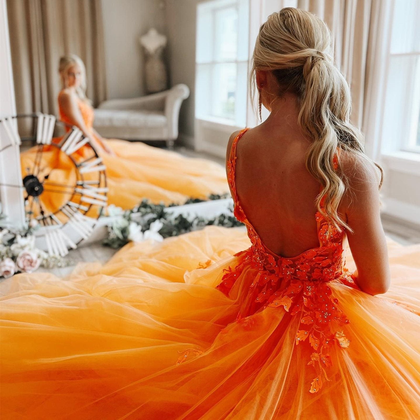 Unthony - V Neck Open Back Orange Tulle Lace Long Prom Dress
