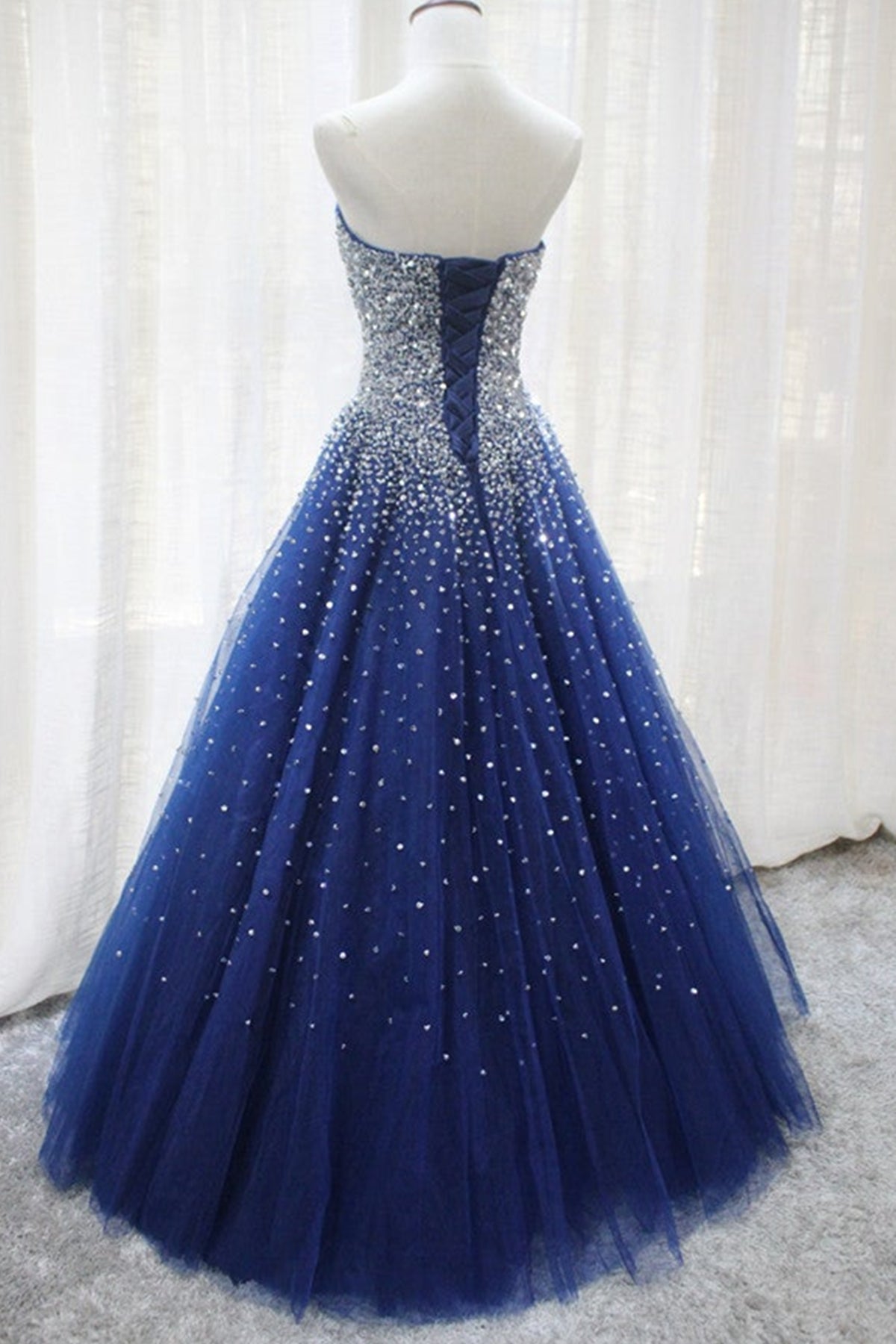 Unthony - Gorgeous Strapless Blue Tulle Beaded Long Prom Dresses