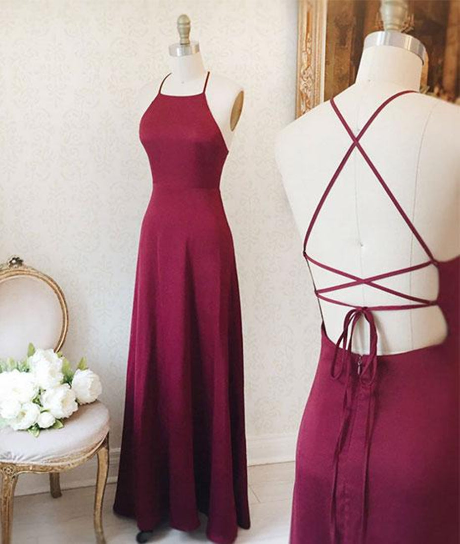 Unthony - Simple A Line Backless Burgundy Satin Long Prom Dresses