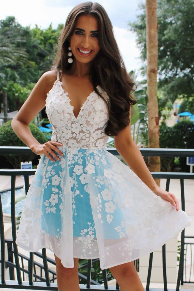 Unthony - Unique V Neck White Lace Blue Short Prom Dress Homecoming Dress