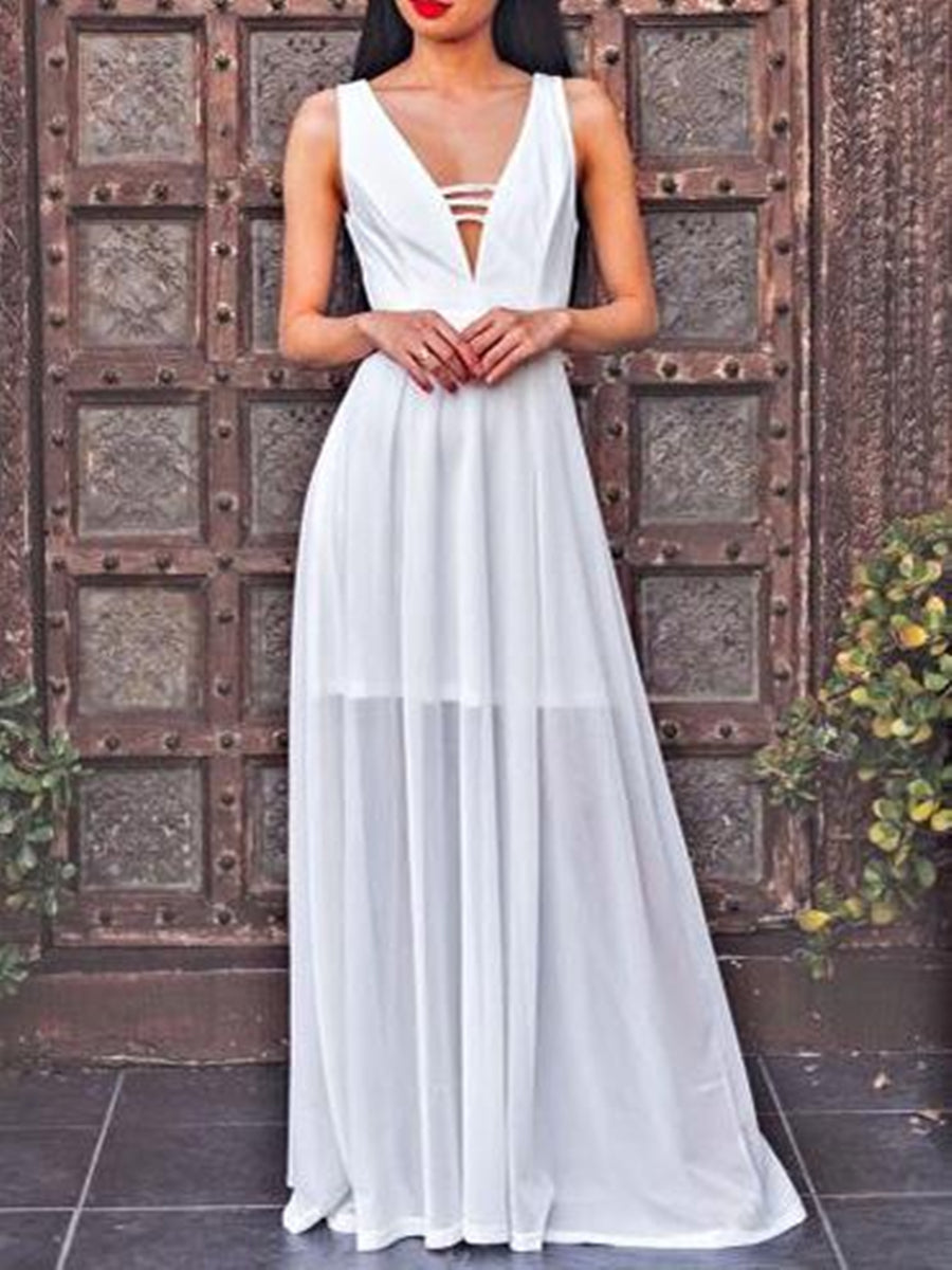 Unthony - Chic A Line V Neck Floor Length Ivory Long Prom Dresses