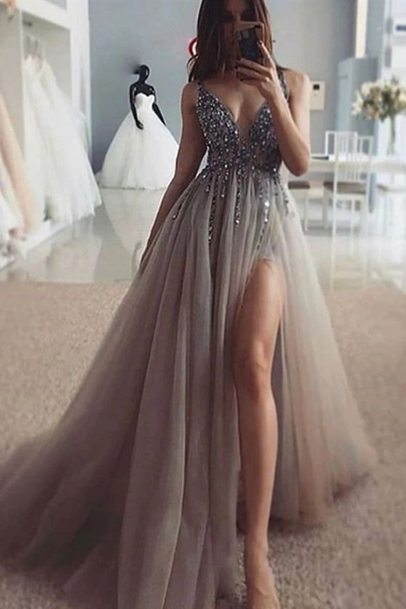 Unthony - Charming V Neck Silver Gray Beaded Long Prom Dress with High Split