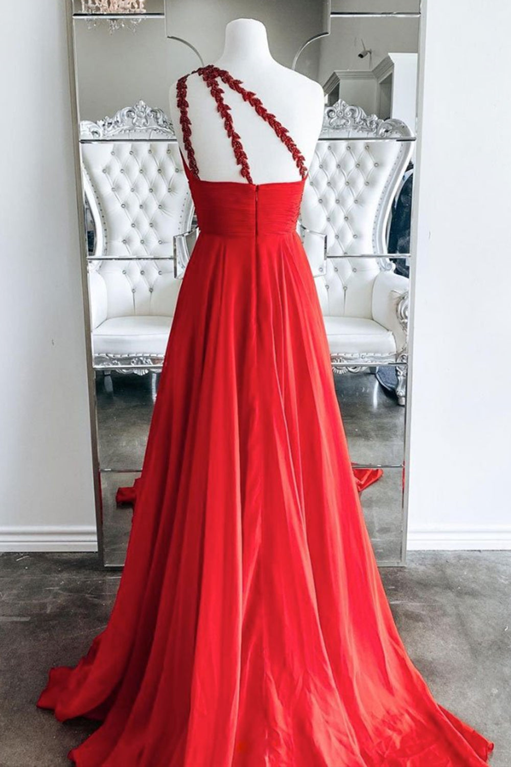 Unthony - One Shoulder Open Back Red Long Prom Dress
