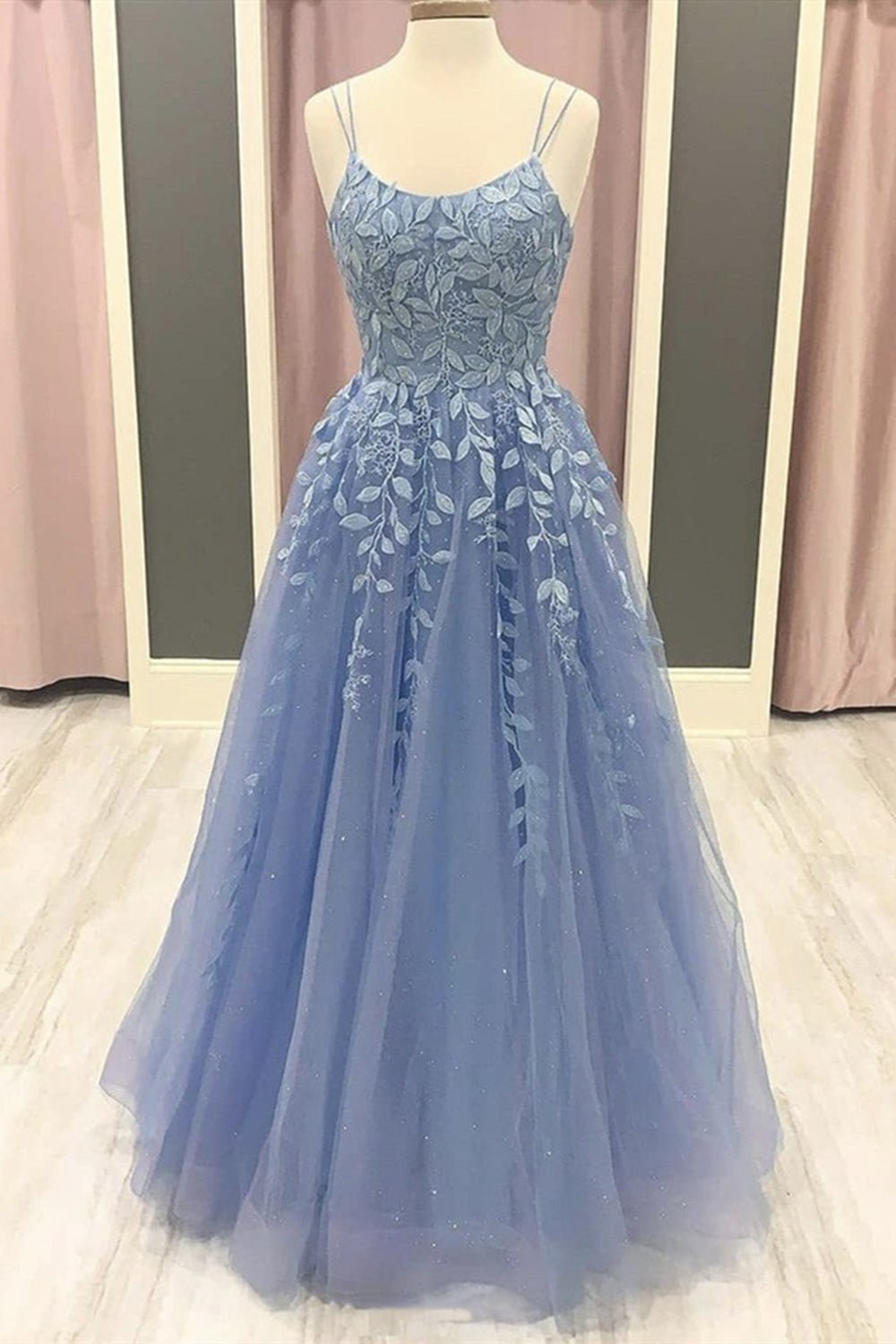Unthony - Spaghetti Straps Blue Lace Long Prom Dress