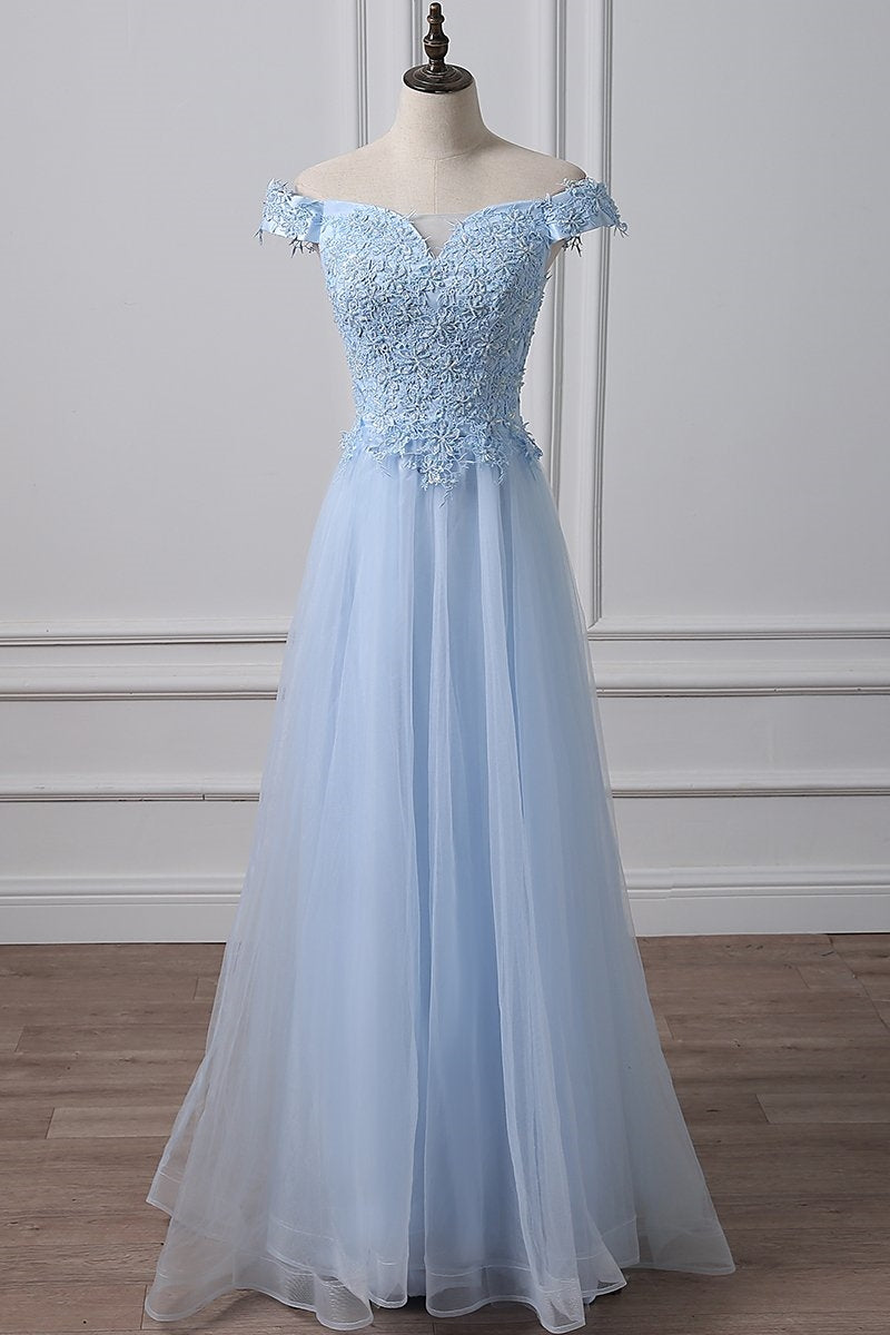 Unthony - Elegant Off Shoulder Long Sky Blue Lace Prom Dress