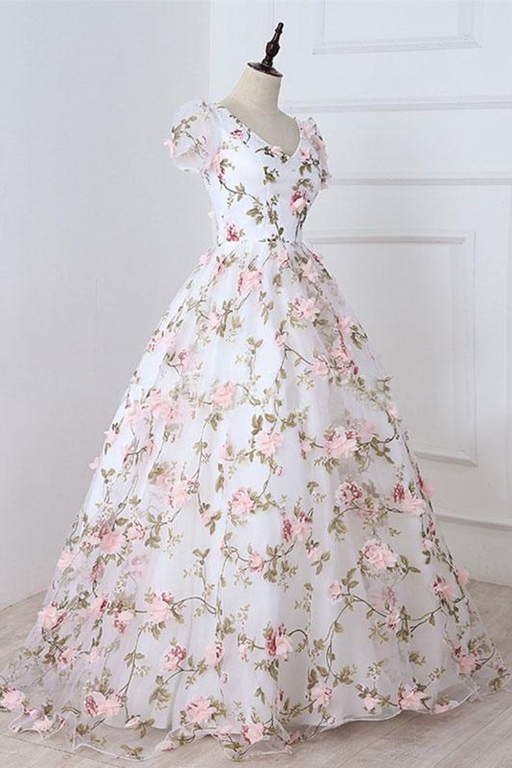 Unthony - Short Sleeves V Neck Pink 3D Flower White Long Prom Dress