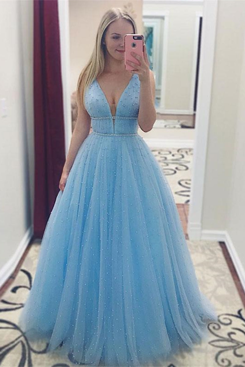 Unthony - A Line V Neck Tulle Long Light Blue Prom Dress with Beadings