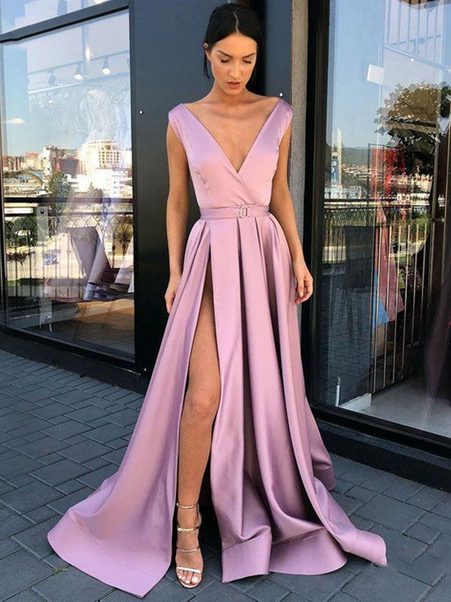 Unthony - A Line V Neck High Slit Purple Satin Long Prom Dresses