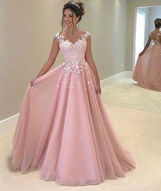 Unthony - Cute Applique Lace Pink Prom Dresses