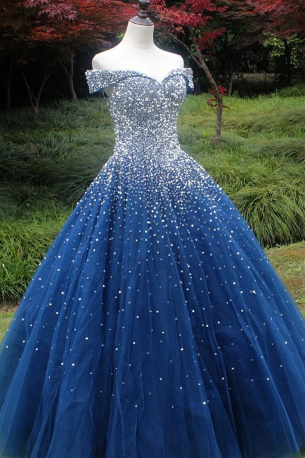 Unthony - Gorgeous Off Shoulder Sequins Blue Long Prom Dress