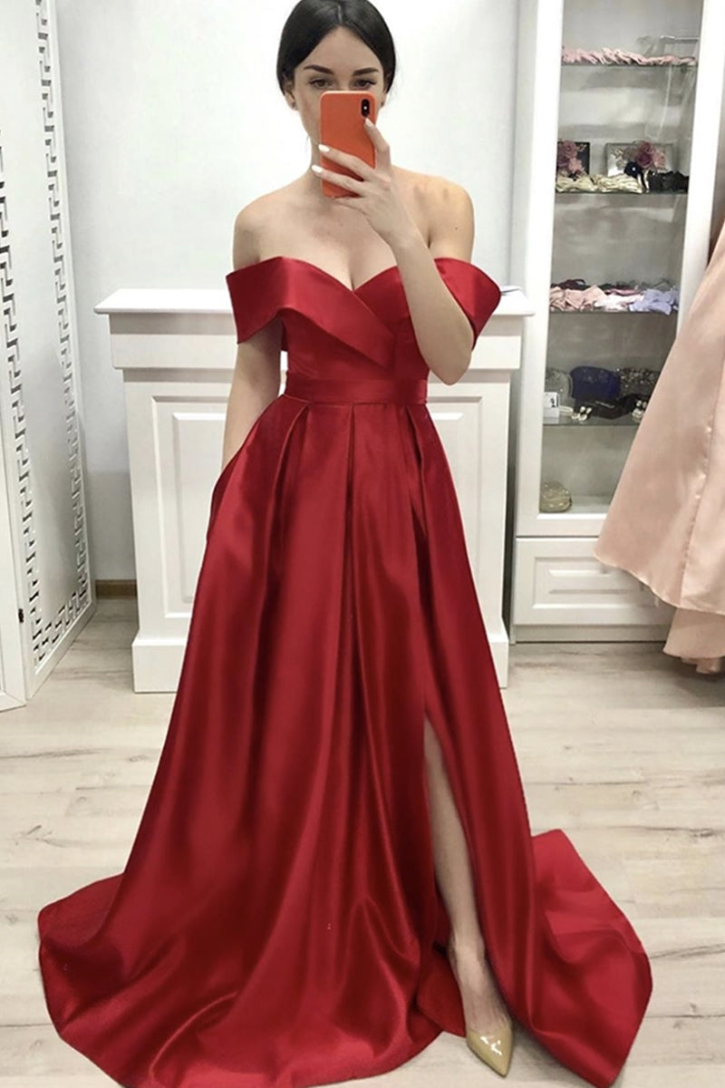 Unthony - Custom Made Off the Shoulder Red Satin Long Prom Dress with Slit