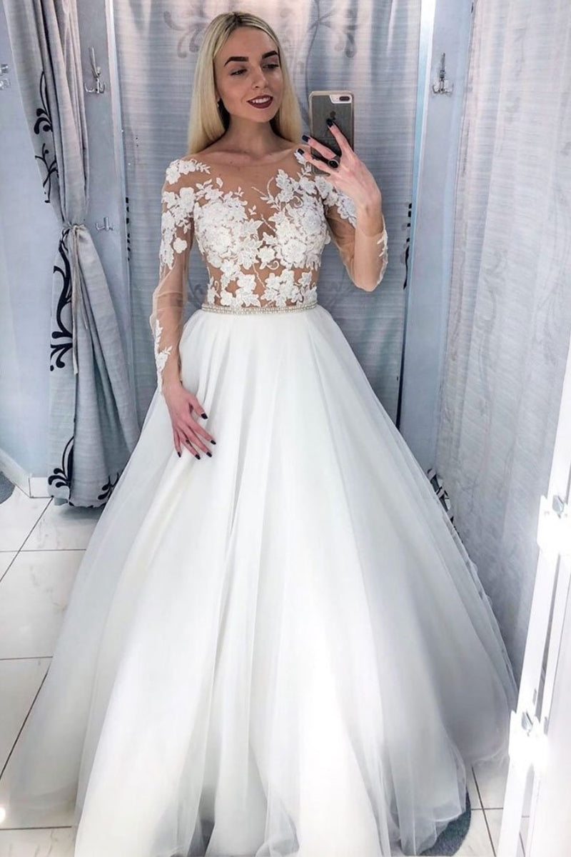Unthony - Long Sleeves White Lace Appliques Wedding Prom Dress