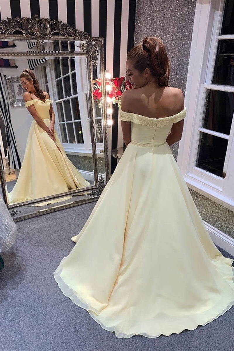 Unthony - Off Shoulder Yellow Chiffon Long Prom Dress with Beads