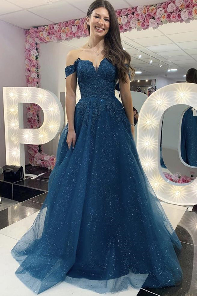 Unthony - Shiny Off the Shoulder Blue Lace Long Prom Dress