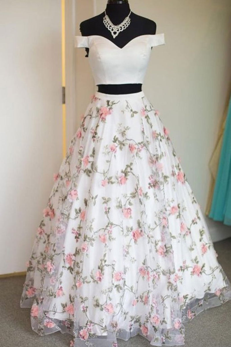 Unthony - Two Pieces Off The Shoulder Lace Floral White Prom Dresses