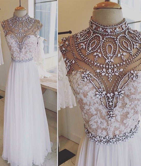 Unthony - A Line High Neck Beaded White Lace Prom Dresses