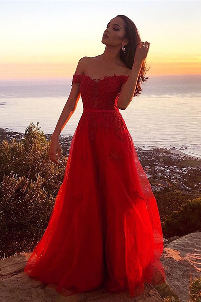 Unthony - Off Shoulder Red Lace Long Prom Dress